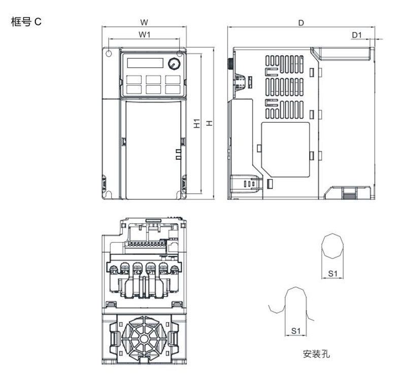 1.5KW臺達變頻器 VFD7A5MS21ANSAA 的安裝尺寸