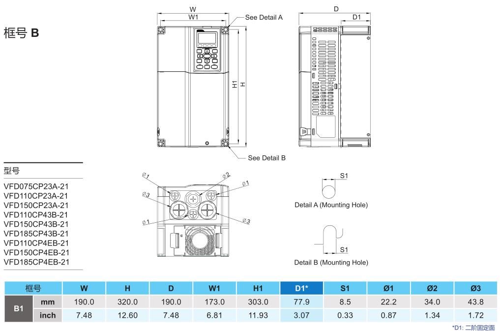 7.5kW臺達變頻器VFD075CP23A-21  的安裝尺寸