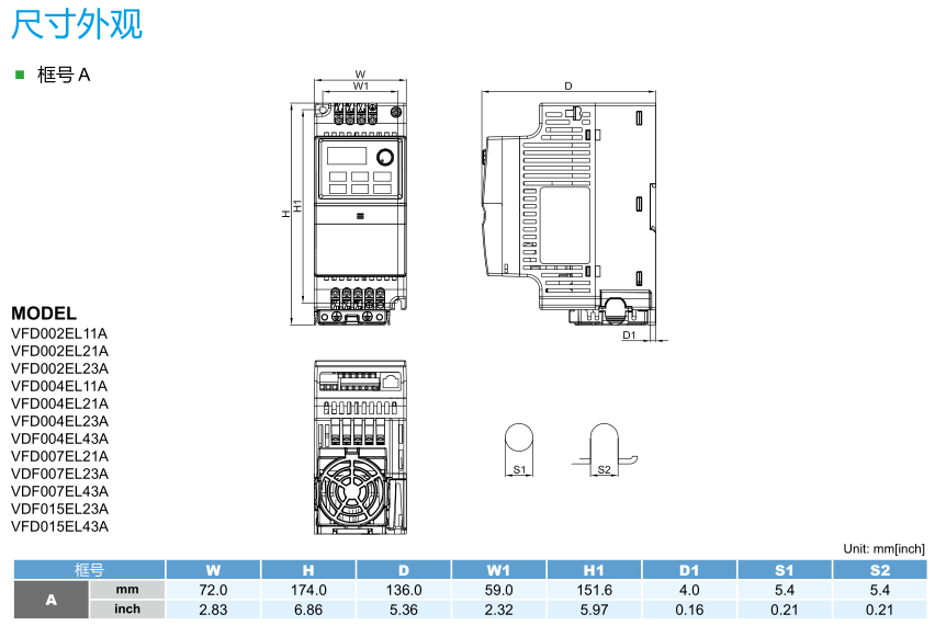 2.2KW變頻器 VFD022E43A-M的尺寸外觀