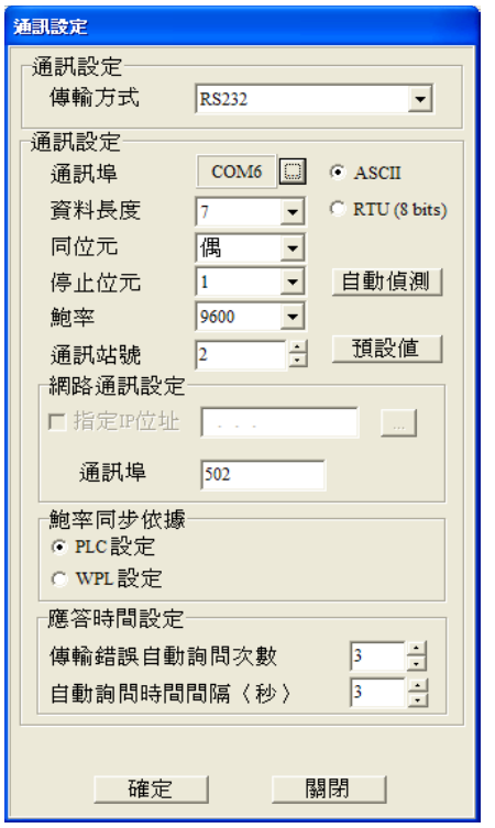 通信設置：依所需的通訊方式進行設定。