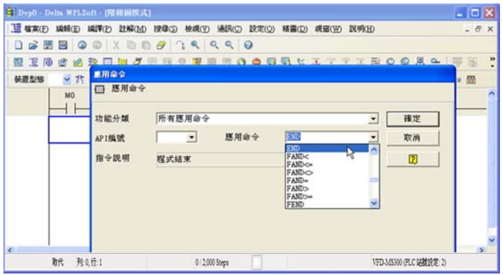 5. 點選應用命令圖示 或按功能鍵 F6，在功能分類字段中點選「所有應用命令」，在應用命令下 拉選單中點選 END 指令或于該字段直接鍵盤鍵入“END”后按下確定鈕。